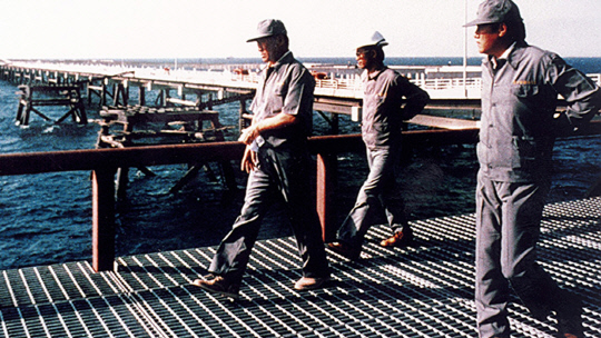 건설 현장을 직원들과 둘러보는 고 정주영(맨 왼쪽) 선대회장. 현대차그룹 제공